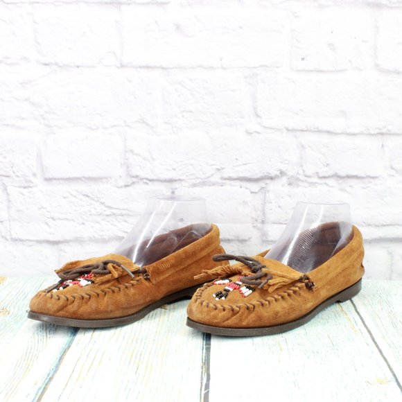 *Minnetonka Thunderbird Brown Suede Slip On Moccasin Flat Boat Shoes Size - Picture 2 of 9